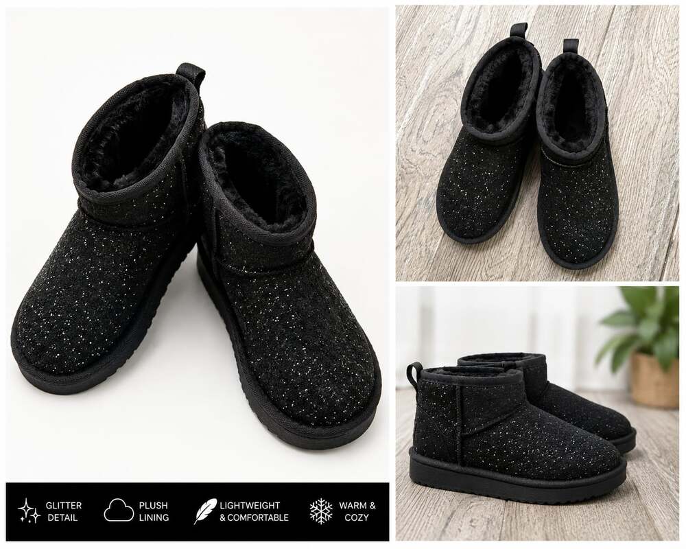BearPaw Youth Girls Size 12 Black Sparkle Wool Blend Winter Low Boots